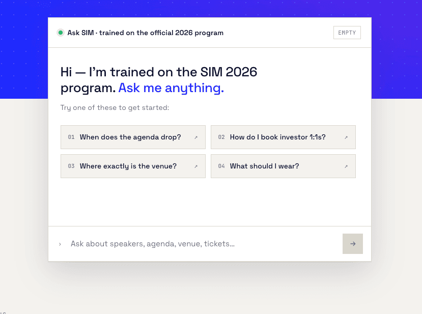 Ask SIM — the conference assistant, trained on the official 2026 program